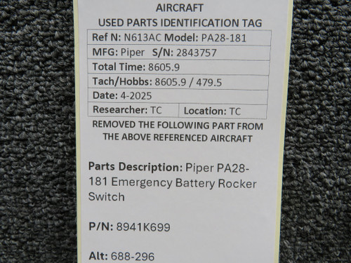 8941K699 (Alt: 688-296) Piper PA28-181 Emergency Battery Rocker Switch ...