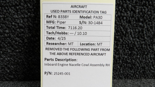 25245-001 Piper PA30 Inboard Engine Nacelle Cowl Assembly RH