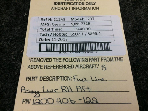 1200406-122 Cessna T207 Fuel Line Assy Lower RH Aft