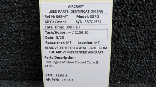 Cessna Aircraft Parts S1391-8 (Alt: S2154-3) Cessna 337G Fwd Engine Mixture Control Cable (L: 64.5”) 
