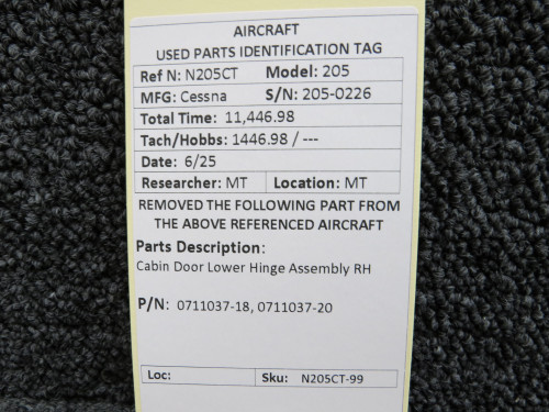 0711037-18, 0711037-20 Cessna 205 Cabin Door Lower Hinge Assembly RH