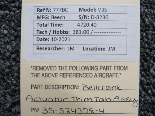 35-524378-4 Beechcraft V35 Bellcrank Elevator Trim Tab Actuator