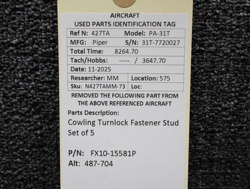 FX10-15581P (Alt: 487-704) Piper PA-31T Cowling Turnlock Fastener Stud Set of 5