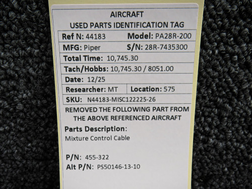 455-322 (Alt: PS50146-13-10) Piper PA28R-200 Mixture Control Cable