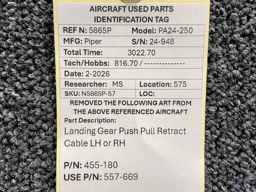 455-180 (Use: 557-669) Piper PA24-250 Landing Gear Push Pull Retract Cable