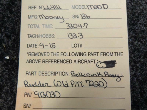 913030 (ALT: 7220) Mooney M20D Rudder Bellcrank Assembly