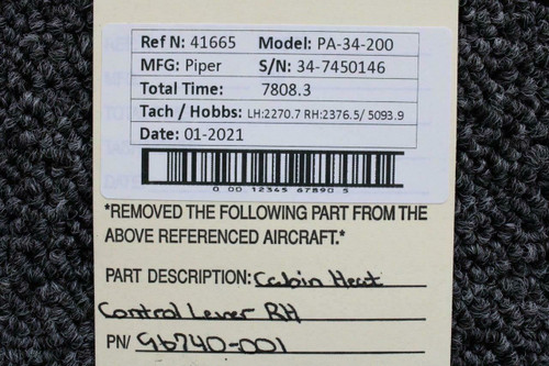 96740-001 Piper PA34-200 Cabin Heat Control Lever RH