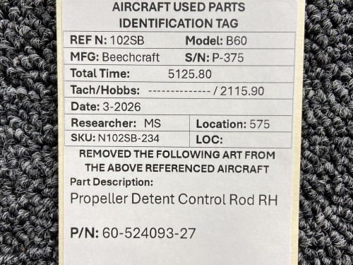 60-524093-27 Beechcraft B60 Propeller Detent Control Rod RH