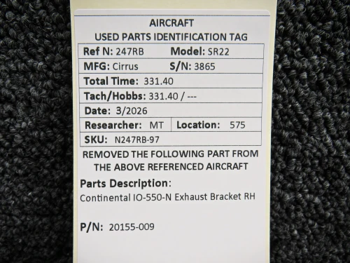 20155-009 Cirrus SR22 Continental IO-550-N Exhaust Bracket RH