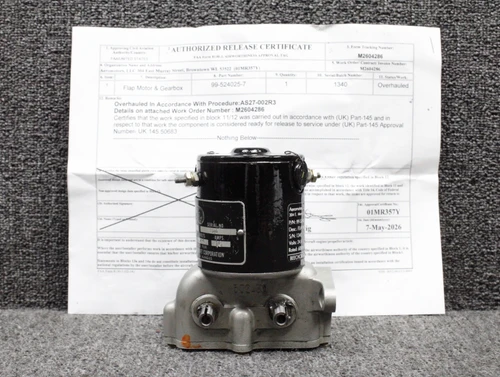99-524025-7 Beechcraft Flap Motor and Gearbox Overhauled with 8130-3 (24V, 16A)