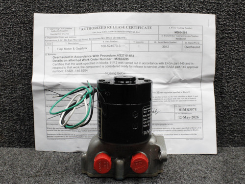 100-524073-3 Beechcraft Flap Motor and Gearbox Overhauled with 8130-3 (28V, 17A)