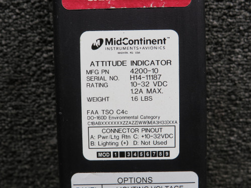 4200-10 Mid-Continent Attitude Indicator with Mod (Lighted, Volts: 11-32)