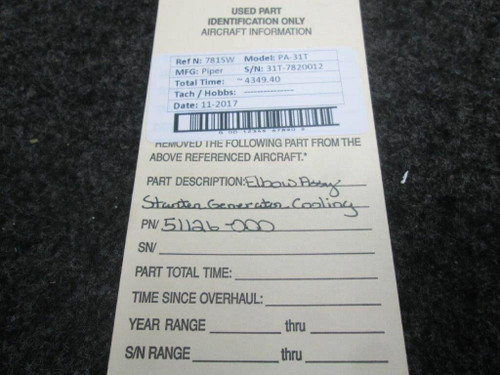 Piper 51126-000 Piper PA-31T Cheyenne Elbow Assy Starter Generator Cooling