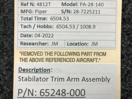 65248-000 Piper PA28-140 Stabilator Trim Arm Assembly