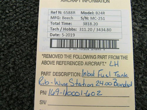Beechcraft 169-110001-602 Beech B24R Inbound LH Fuel Tank Rib Wing Station 24.00 Bonded