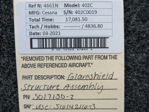 Cessna 5017150-2 USE 5614216-3 Cessna 402C Glareshield Structure Assembly
