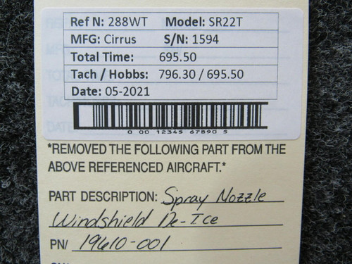 Cirrus 19610-001 Cirrus SR22T Spray Nozzle Windshield De-Ice Hours 695.5