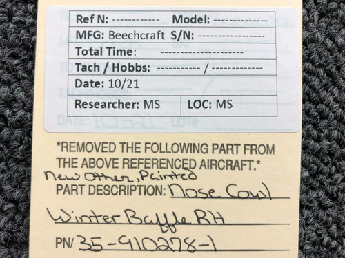Beechcraft 35-910278-1 Beech Nose Cowl Winter Baffle RH NEW OLD STOCK, Painted SA
