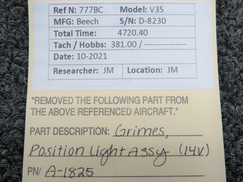 Grimes A-1825 Beechcraft V35 Grimes Position Light Assembly Volts 14