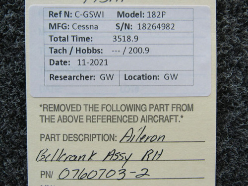 Cessna 0760703-2 Cessna 182P Aileron Bellcrank Assembly RH