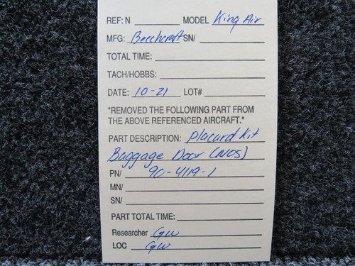 Beechcraft 90-4119-1 Beechcraft King Air Placard Kit Baggage Door NEW OLD STOCK SA