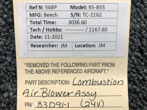 83D91-1 Beechcraft 95-B55 Combustion Air Blower Assembly (Volts: 24) BAS Part Sales | Airplane Parts