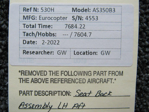Eurocopter AS350B Seat Back Assembly LH Aft BAS Part Sales | Airplane Parts