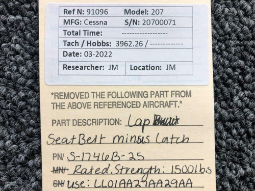 Cessna Aircraft Parts S-1746B-25 USE LL01AA27AA29AA Cessna 207 Lap Belt Minus Latch