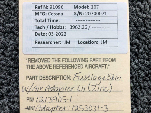 Cessna Aircraft Parts 1213905-1 / 1253031-3 Cessna 207 Fuselage Skin W/ Air Adapter LH Zinc