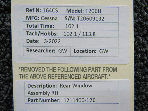1211400-126 Cessna T206H Rear Window Assembly RH BAS Part Sales | Airplane Parts
