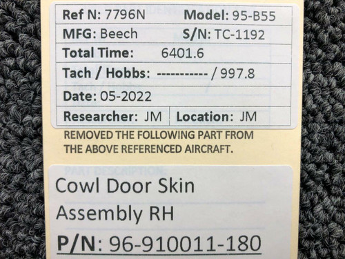 Beechcraft Parts 96-910011-180 Beechcraft 95-B55 Cowl Door Skin Assembly RH