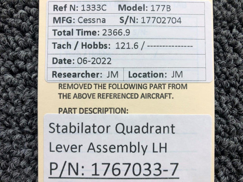 Cessna Aircraft Parts 1767033-7 Cessna 177B Stabilator Quadrant Lever Assembly LH