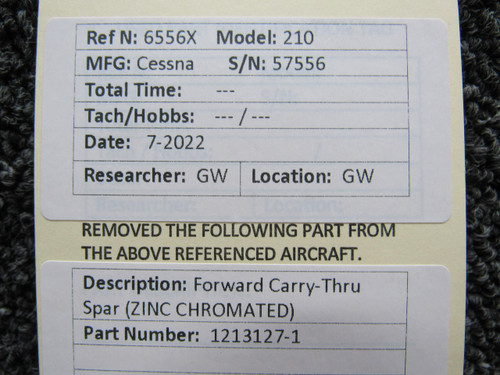 Cessna Aircraft Parts 1213127-1 Cessna 210 Forward Carry-Thru Spar ZINC CHROMATED