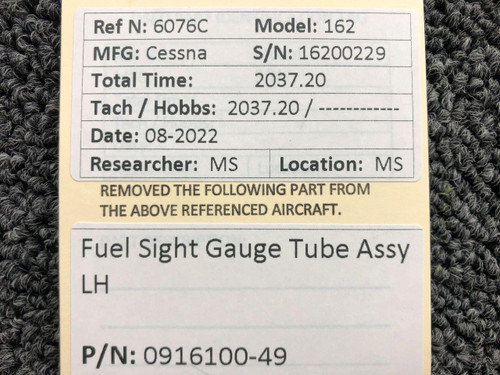 Cessna Aircraft Parts 0916100-49 Cessna 162 Fuel Sight Gauge Tube LH