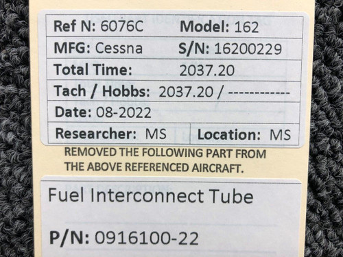 Cessna Aircraft Parts 0916100-22 Cessna 162 Overhead Fuel Tank Interconnect Tube