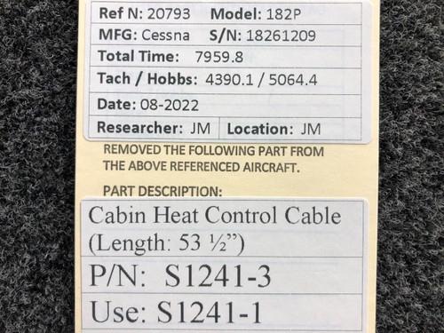 S1241-3 (USE: S1241-1) Cessna 182P Cabin Heat Control Cable (Length: 53-1/2") BAS Part Sales | Airplane Parts