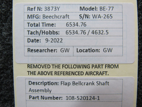 108-520124-1 Beechcraft BE-77 Flap Bellcrank Shaft Assembly