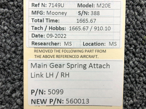 Mooney Aircraft Parts and Accessories 5099 USE 560013 Mooney M20E Main Gear Spring Attach Link LH / RH
