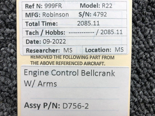 Robinson Helicopter and Airplane Parts D756-2 Robinson R22 Engine Control Bellcrank W/ Arms