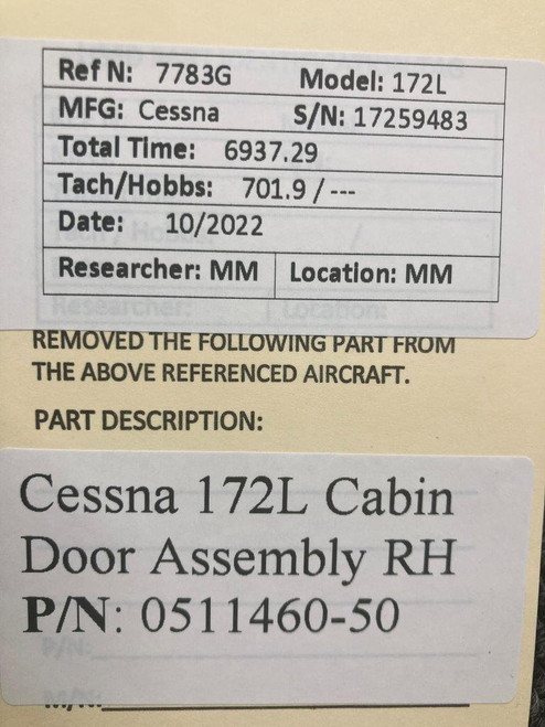 0511460-50 Cessna 172L Right Hand Cabin Door Structure