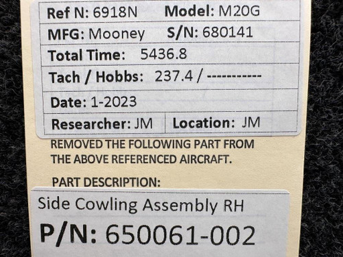 Mooney Aircraft Parts & Accessories 650061-002 Mooney M20G Side Cowling Assembly RH 