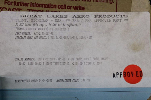 W/T-2107-187-RH Great Lakes Aero Window Aft RH (New Old Stock) (SA)