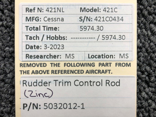 5032012-1 Cessna 421C Rudder Trim Control Rod (Zinc Chromate)