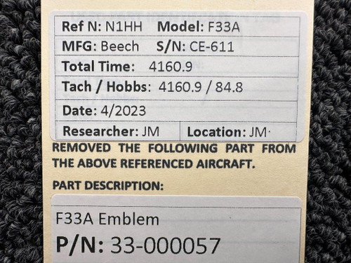 Beechcraft Parts 33-000057 Beechcraft F33A Fuselage Emblem 