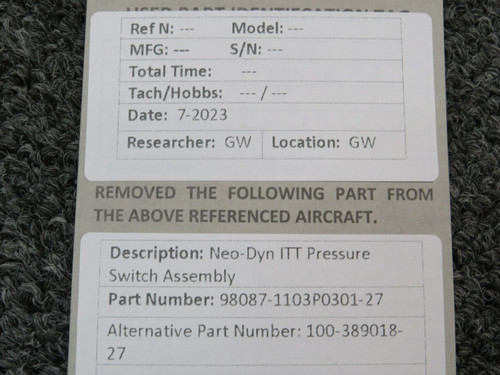 98087-1103P0301-27 (Alt: 100-389018-27) Neo-Dyn ITT Pressure Switch Assembly