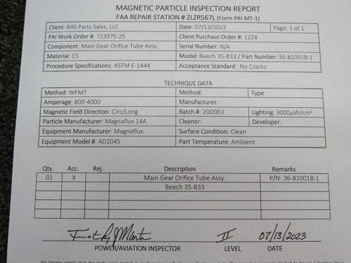 Beechcraft Parts 36-810018-1 Beechcraft 35-B33 Main Gear Orifice Tube with 8130-3 and PAI-MT-1 