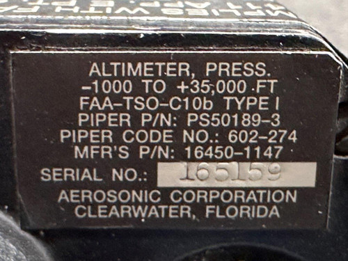 16450-1147 (Alt PN: PS50189-3) Aerosonic Pressure Altimeter Indicator
