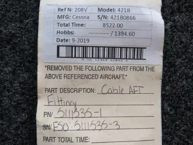 5111535-1 (FSO: 5111535-3) Cessna 421B Cable Aft Fitting Handle