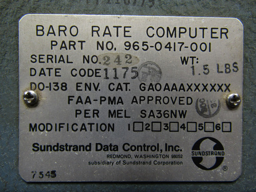 965-0417-001 Sunstrand Electronics Baro Rate System