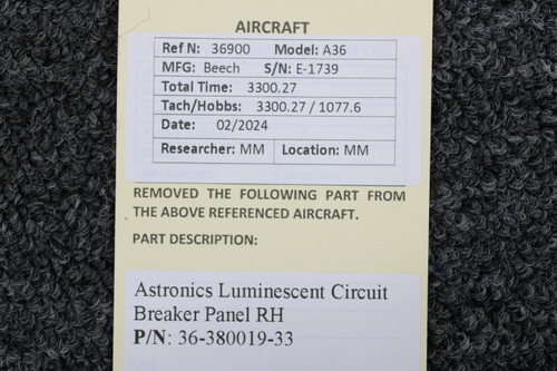 36-380019-33 Beechcraft A36 Astronics RH Luminescent Circuit Breaker Panel